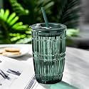 KiKiluxxa Coffee Can Glass Sipper Tumbler with Lid Straw - 400ml-Pack of 1- Green Tea Fruit Juice Milk Glass Cup Mug with Lid and Straw (Tropexz 1)