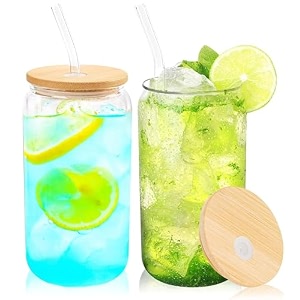 kikiluxxa glass cups with lids straws - drinking cup set with bamboo lids and straws for iced coffee tumblers with straw and lid - pack of 2 syazox can 2