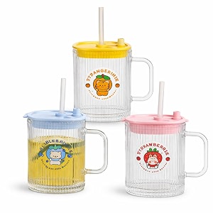 kikiluxxa glass sipper mug for kids  420 ml cartoon print cup with straw amp lid  random color drinking mug for juice milk amp water