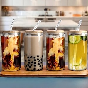 kikiluxxa glass sipper tumbler mug with lid and straw - 540ml - pack of 6 - green tea and coffee can mug with straw macau can 6