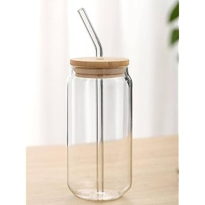 kikiluxxa ice juice drinks glass can mug with straw for milkcoffeegreen tea cup set of 1-510ml transparent can shape cup -pack of 1 wooden lid can syazox can 1