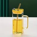 KiKiluxxa Random Clour Handle Milk Juice Soda Can Glass Sipper Tumbler Mug with Acrylic/Wooden Lid and Straw - 400ml - Pack of 1 (Peris Squre 1)