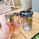 KiKiluxxa Random Clour Ice Juice Drinks Glass Can Mug with Straw for Milk/Coffee/Green Tea Cup Set of 3- Transparent Can Shape Sipper Tumbler Cup with Lid (Canadian Sheded T 3)