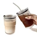 KiKiluxxa Random Clour Ice Juice Drinks Glass Can Mug with Straw for Milk/Coffee/Green Tea Cup Set of 3- Transparent Can Shape Sipper Tumbler Cup with Lid (US Lined T 3)
