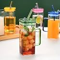 KiKiluxxa Glass Sipper Tumbler Mug with Acrylic/Wooden Lid an Straw - 400ml - Pack of 6 - Glass Fruit Juice Cup with Straw for Kids and Adults (Clour Squre Tumbler 6)