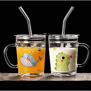 kikiluxxa random design kids coffee can glass sipper tumbler with lid straw - 350ml-pack of 1- green tea fruit juice milk glass cup mug with lid and straw glonzaz w 1