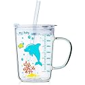 KiKiluxxa Random Design Kids Coffee Can Glass Sipper Tumbler with Lid Straw - 350ml-Pack of 1- Green Tea Fruit Juice Milk Glass Cup Mug with Lid and Straw (Glonzaz W 1)