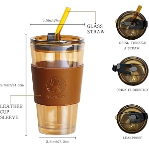 kikiluxxa reusable glass tumbler with leather grip  pack of 1 airtight coffee sipper mug with lid amp straw multipurpose drink cup for juice water smoothies cocktail home amp travel bottle-400ml