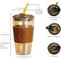 KiKiluxxa Reusable Glass Tumbler with Leather Grip – Pack of 1, Airtight Coffee Sipper Mug with Lid &amp; Straw, Multipurpose Drink Cup for Juice, Water, Smoothies, Cocktail, Home &amp; Travel Bottle-400ml