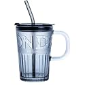 KiKiluxxa Travel Office Fruit Juice Milk Cup for Kids and Adult - Pack of 4 - Glass Sipper Tumbler Mug with Lid and Straw (Black Casino 4)