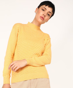 killer self design high neck casual women yellow sweater