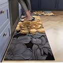 KIMEE 2-Piece Kitchen Mat Set – Kitchen Floor Rugs, Non-Slip & Easy to Clean Water Absorbing Runner Comfort Mats for Kitchen, Laundry, Office (Black Border FlowerPattern, 120cm x 60cm + 60cm x 40cm)