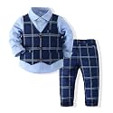 Kimocat Boys' Plaid Button Down Polyester Casual Dress Shirt Slim Fit +Vest+Pant Outfits