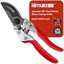 Kimura® 8" Pro Bypass Pruning Shears, Heavy Duty Japanese SK5 Steel Blades, 1 inch Cut Capacity, Non-Slip PVC Coated Handles, Lightweight & Ergonomic, Japanese Pruners, Professional Garden Clippers