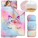 KINBEDY Rainbow Unicorn Toddler Nap Mat for Preschool Daycare Kindergarten Girls Floral Pink Kids Sleeping Mats Nap Time Pillow and Blanket Set Fleece Sleeping Bag Pad for Camping Travel