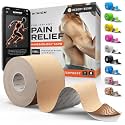 Kinesiology Tape - Waterproof Athletic Sports Tape for Knee, Shoulder, Arm &amp; Back Support | 3-5 Day Adhesion, Hypoallergenic &amp; Latex-Free + Taping Guide (Precut, 2"x16.4ft Roll, Desert Beige)
