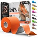 Kinesiology Tape - Waterproof Athletic Sports Tape for Knee, Shoulder, Arm &amp; Back Support | 3-5 Day Adhesion, Hypoallergenic &amp; Latex-Free + Taping Guide (Uncut, 2"x16.4ft Roll, Tiger Orange)