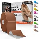 Professional Kinesiology Tape - Waterproof Athletic Sports Tape for Knee, Shoulder, Arm &amp; Back Support | 3-5 Day Adhesion, Hypoallergenic &amp; Latex-Free + Taping Guide (Precut, 2"x50ft Roll, Brown)