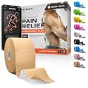 Kinesiology Tape - Waterproof Athletic Sports Tape for Knee, Shoulder, Arm &amp; Back Support | 3-5 Day Adhesion, Hypoallergenic &amp; Latex-Free + Taping Guide (Precut, 2"x32ft Roll, Desert Beige)