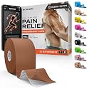 Professional Kinesiology Tape - Waterproof Athletic Sports Tape for Knee, Shoulder, Arm &amp; Back Support | 3-5 Day Adhesion, Hypoallergenic &amp; Latex-Free + Taping Guide (Uncut, 2"x32ft Roll, Brown)