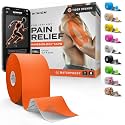 Kinesiology Tape - Waterproof Athletic Sports Tape for Knee, Shoulder, Arm &amp; Back Support | 3-5 Day Adhesion, Hypoallergenic &amp; Latex-Free + Taping Guide (Uncut, 2"x32ft Roll, Tiger Orange)