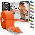 Kinesiology Tape - Waterproof Athletic Sports Tape for Knee, Shoulder, Arm &amp; Back Support | 3-5 Day Adhesion, Hypoallergenic &amp; Latex-Free + Taping Guide (Precut, 2"x50ft Roll, Tiger Orange)