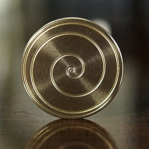 kinetic spinning toy - coin spinner brass - with mobile stand steam beech wood