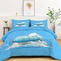 King Comforter Set 3 Pcs Cartoon Style Airship White Clouds Soft All Seasons Quilted Comforter Set, Blue Warm Comforters Set 104" x 90" with 2 Pillowcases for Kids Girls Boys