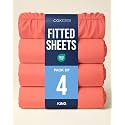 King Fitted Sheet - Pack of 4 Single Fitted Bottom Sheet Only - Coral