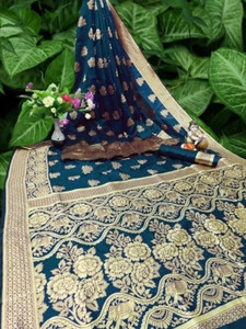 king vulture woven embellished banarasi jacquard cotton silk saree dark blue
