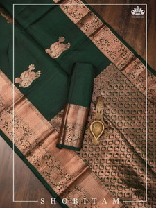 king vulture woven embellished banarasi jacquard cotton silk saree dark green