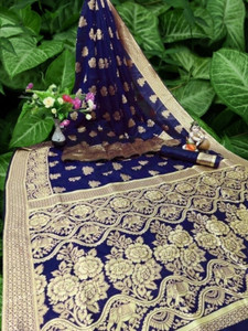 king vulture woven embellished floral print animal print banarasi jacquard cotton silk saree dark blue