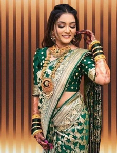 king vulture woven embellished banarasi jacquard cotton silk saree green