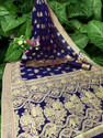 KING VULTURE Woven, Embellished, Floral Print, Animal Print Banarasi Jacquard, Cotton Silk Saree (Dark Blue)