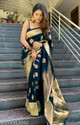 KING VULTURE Woven, Embellished Banarasi Jacquard, Cotton Silk Saree (Dark Blue, Multicolor)