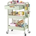 KINGBOARD 3 Tier Metal Rolling Cart with Drawer, Green Utility Storage Cart