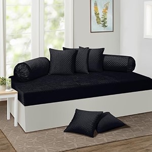 kingly velvet diwan cover set in jet black - luxury quilted diwan cover with cushion and bolster covers for home dcor