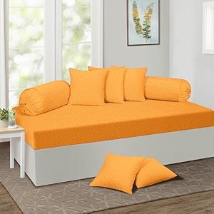 kingly velvet diwan cover set in yellow - luxury quilted diwan cover with cushion and bolster covers for home dcor