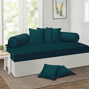 kingly velvet diwan cover set in green blue - luxury quilted diwan cover with cushion and bolster covers for home dcor