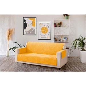 kingly velvet quilted universal elastic sofa cover non-slip sofa protector 3 seater armchair cover with machine washable adjustable elastic straps 3 seater yellow