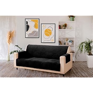 kingly velvet quilted universal elastic sofa cover non-slip sofa protector 5 seater armchair cover with machine washable adjustable elastic straps 311 seater jet black