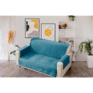 kingly velvet quilted universal elastic sofa cover non-slip sofa protector 7 seater armchair cover with machine washable adjustable elastic straps 43 seater german blue