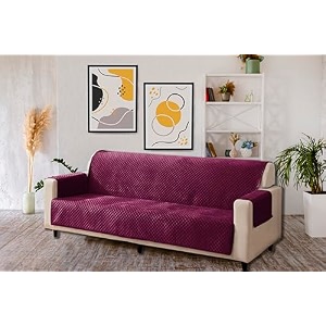 kingly velvet quilted universal elastic sofa cover non-slip sofa protector 4 seater armchair cover with machine washable adjustable elastic straps 4 seater mulberry_perple