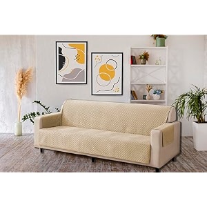 kingly velvet quilted universal elastic sofa cover non-slip sofa protector 5 seater armchair cover with machine washable adjustable elastic straps 32 seater natural beige light cream