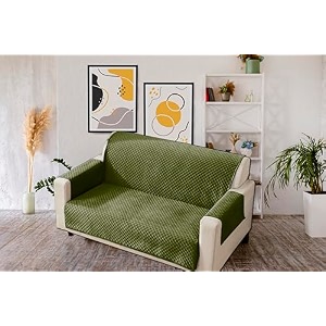 kingly velvet quilted universal elastic sofa cover non-slip sofa protector 2 seater armchair cover with machine washable adjustable elastic straps 2 seater green