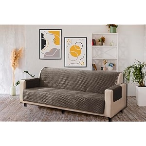 kingly velvet quilted universal elastic sofa cover non-slip sofa protector 4 seater armchair cover with machine washable adjustable elastic straps 4 seater taupe_brown