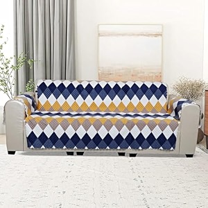 kingly velvet quilted universal elastic sofa cover non-slip sofa protector 5 seater armchair cover with machine washable adjustable elastic straps 32 seater yellow and blue