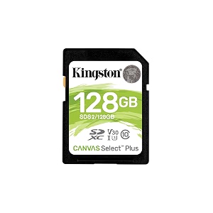 kingston 128gb canvas select plus sdxc card  up to 100mbs  class 10 uhs-i u1 v30  sds2128gb