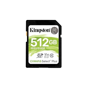 kingston 512gb sdxc canvas select plus 100mbs read class 10 uhs-i u1 v30 memory card sds2512gb