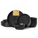 KINGSTONE 12-Piece Hammered Ceramic Dinnerware Sets, Matte Black